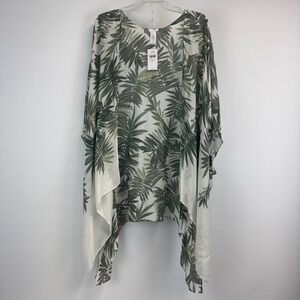 J Jill Tropical Palm Print Kimono Wrap Green White Handkerchief Hem NWT S-L